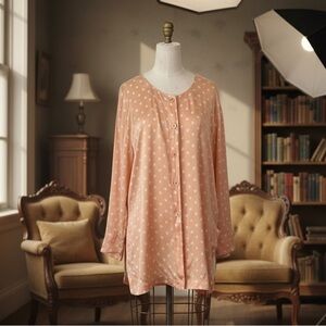 Escada Vintage 100% Silk Peach Polka Dot Button Front Blouse Tunic Top Size 40
